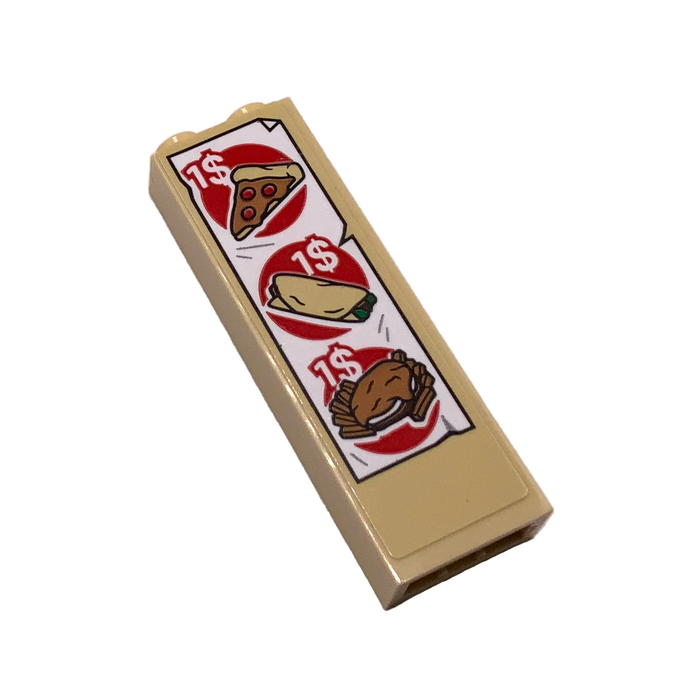 Brick 1 x 2 x 5 with Menu with '1$' for Pizza, Burrito, Burger and Fries Pattern (Sticker), Part# 2454pb178