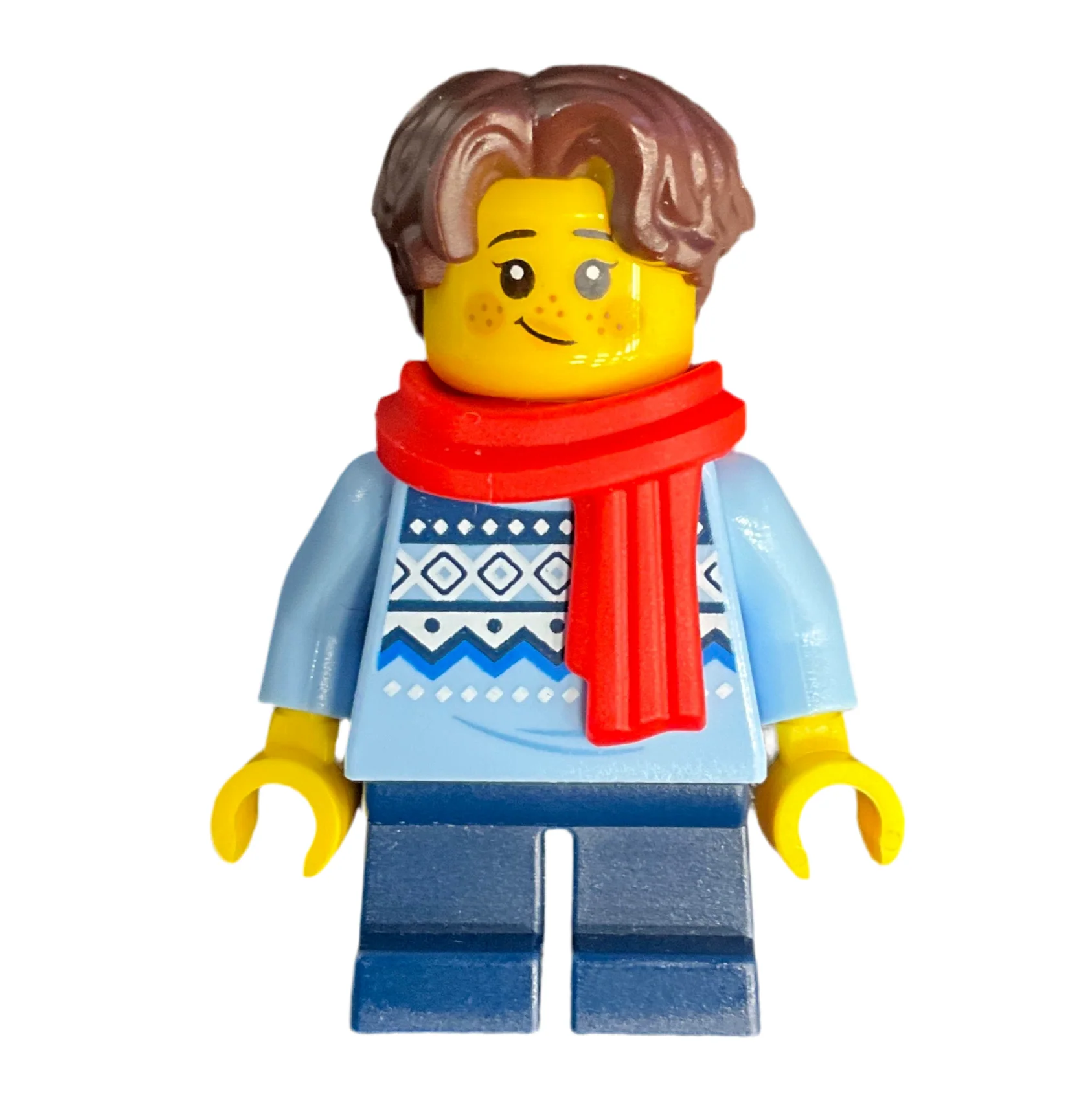 Child - Girl, Bright Light Blue Knit Fair Isle Sweater, Dark Blue Short Legs, Dark Brown Hair, Freckles, Red Scarf, hol327