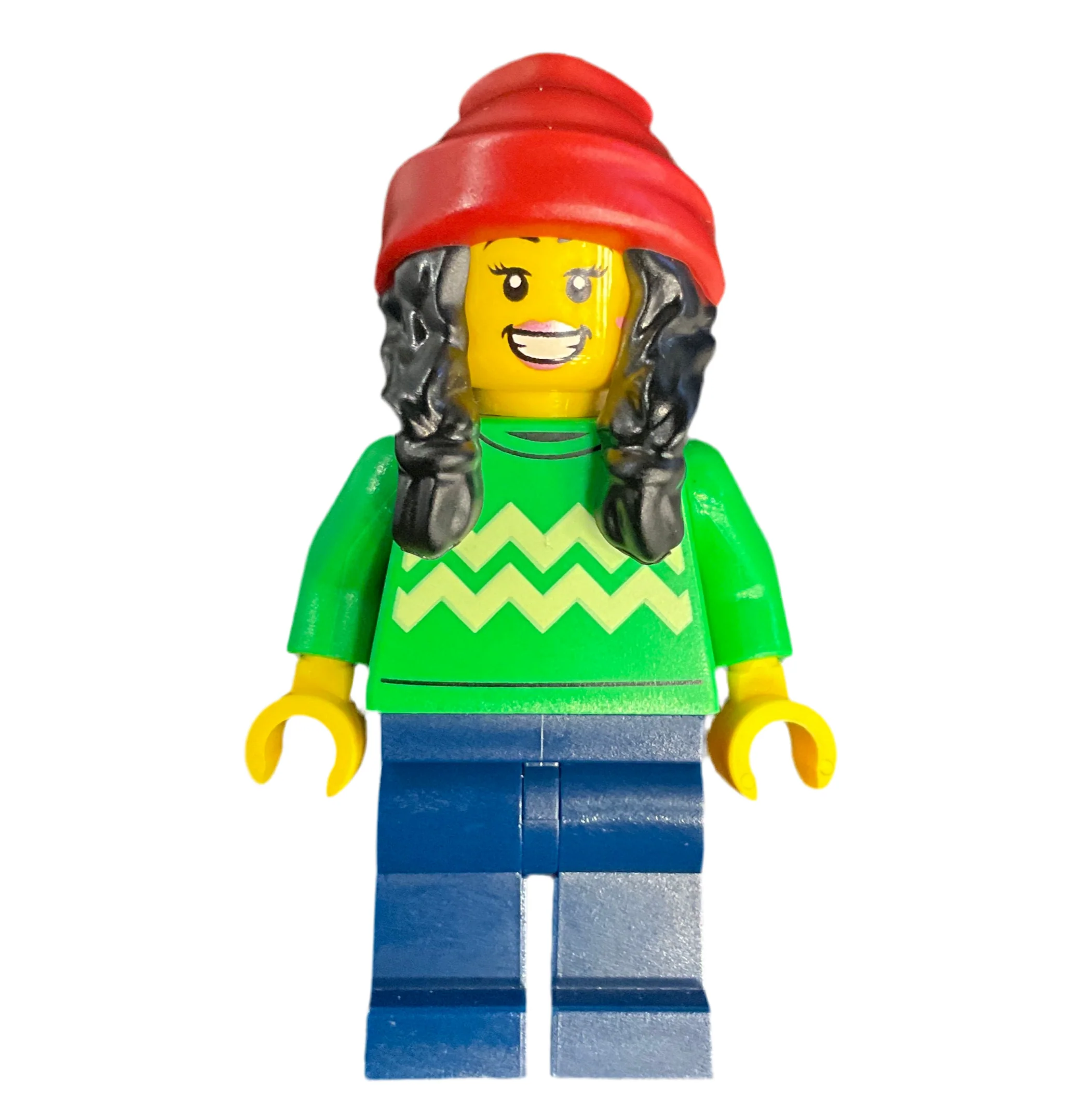 Holiday Shopper - Female, Bright Green Sweater with Bright Light Yellow Zigzag Lines, Dark Blue Legs, Dark Red Beanie with Black Hair, hol286