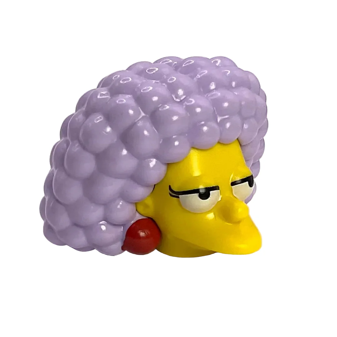 Minifigure, Head, Modified Simpsons Selma with Dark Red Earrings and Lavender Hair Pattern, Part# 19902c01pb01