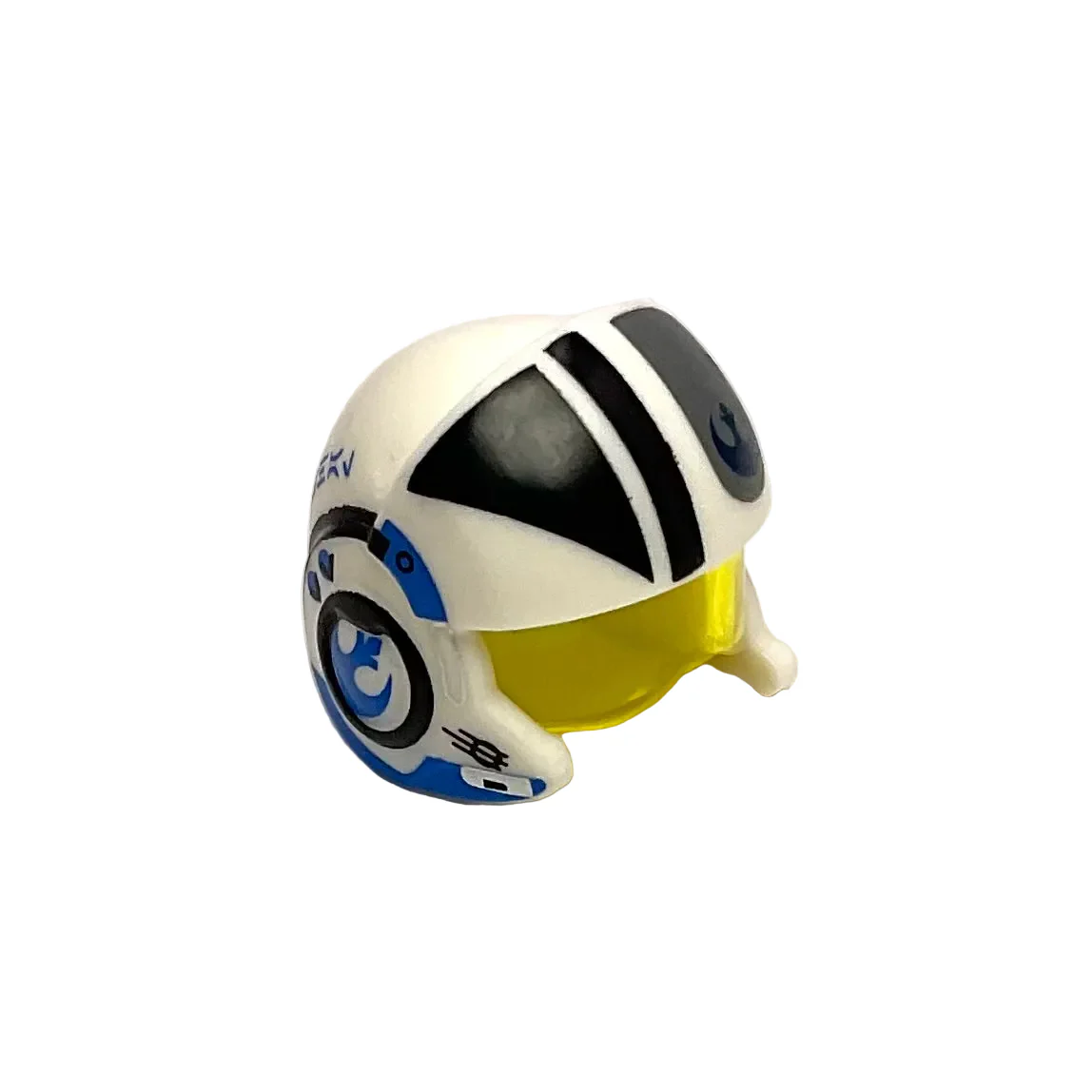 Minifigure, Headgear Helmet SW Rebel Pilot Raised Front and Microphone with Trans-Yellow Visor with Black/Yellow Stripes and Black Rebel Alliance Symbol Pattern, Part# 21566c01pb04