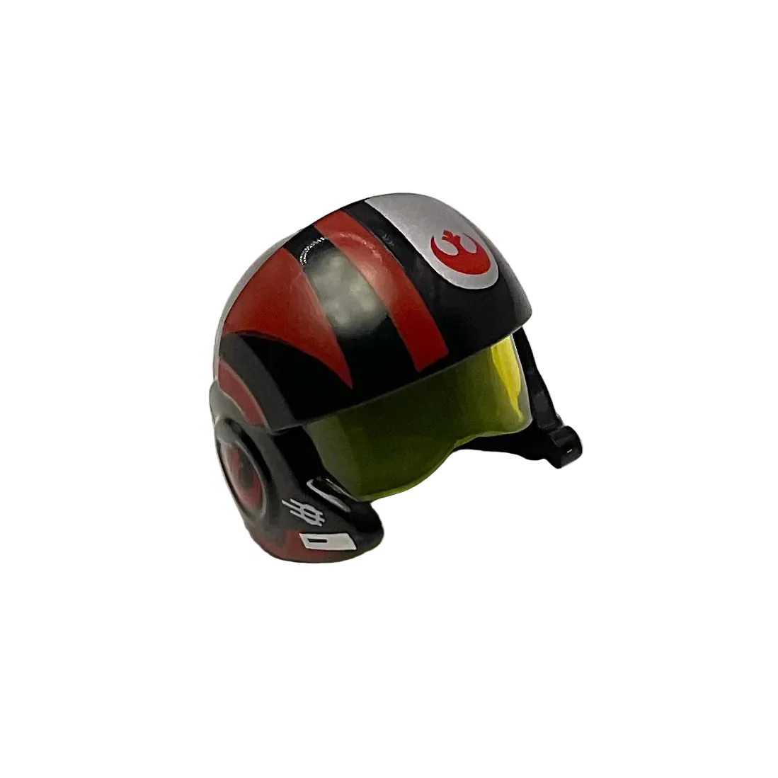 Minifigure, Headgear Helmet SW Rebel Pilot Raised Front and Microphone with Trans-Yellow Visor with Red Stripes and White Stripes and Rebel Alliance Symbol Pattern, Part# 21566c01pb01