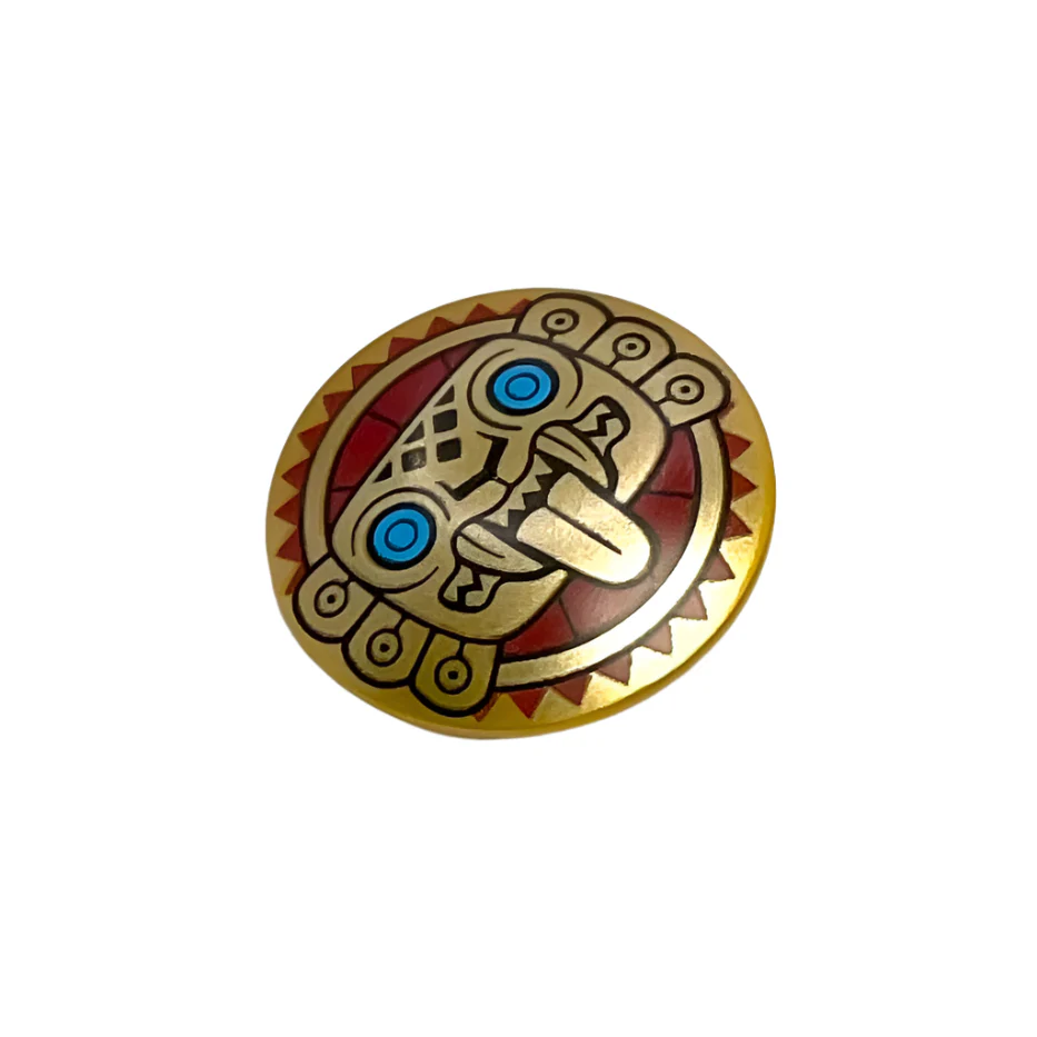 Minifigure, Shield Circular/Round Convex Face with Gold Jaguar Face on Dark Red Sun Background Pattern, Part# 75902pb18