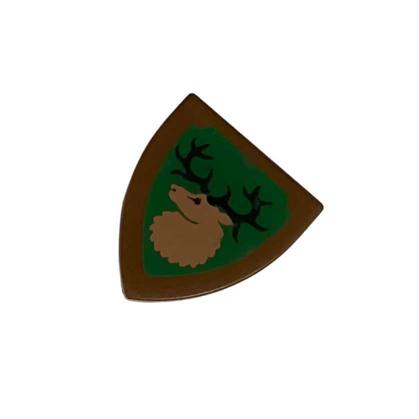 Minifigure Shield Triangular Short with Forestmen Elk/Deer Head on Green Background Pattern, Part# 3846p48