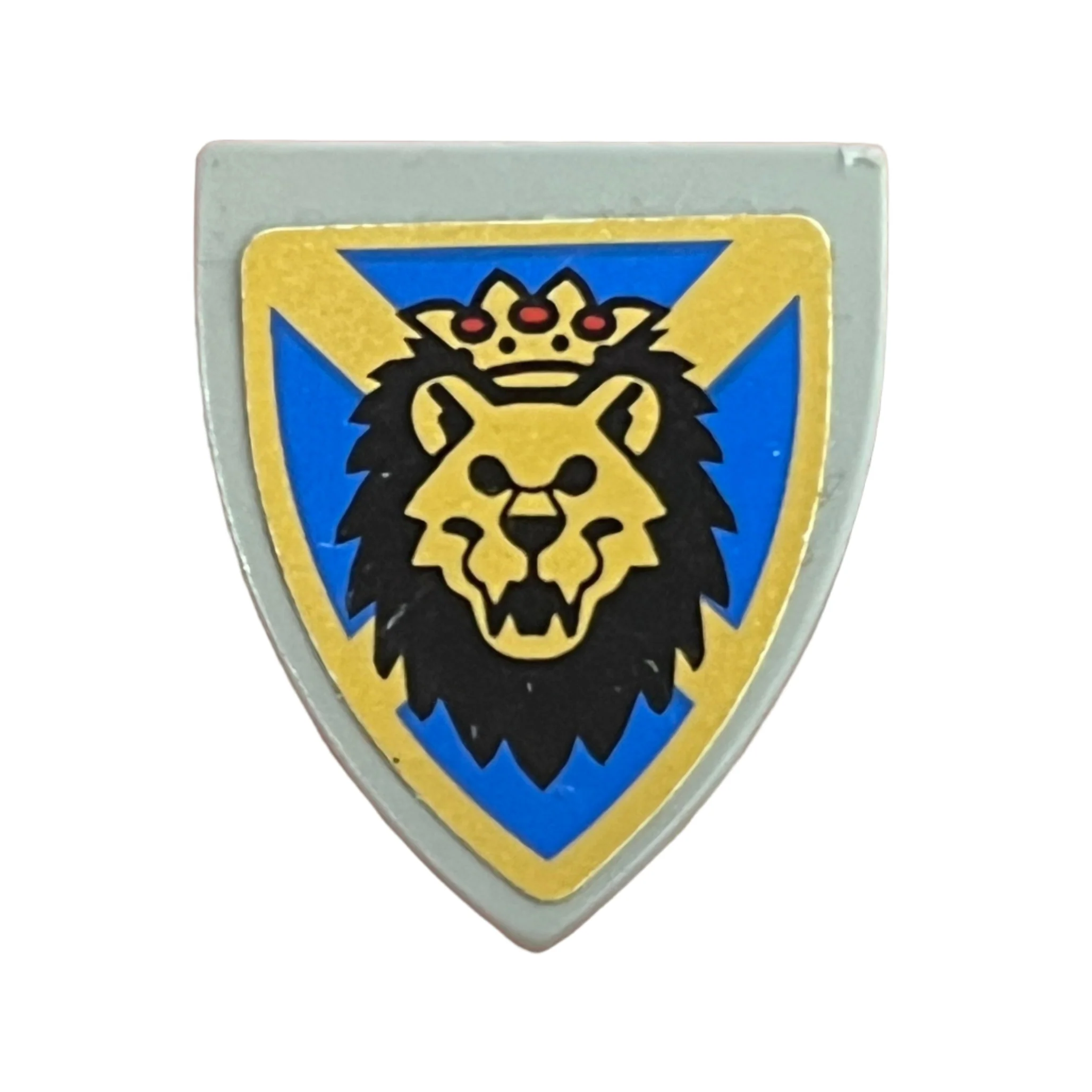 Minifigure Shield Triangular Short with Lion Head, Blue and Yellow Pattern Sticker, 3846pb026