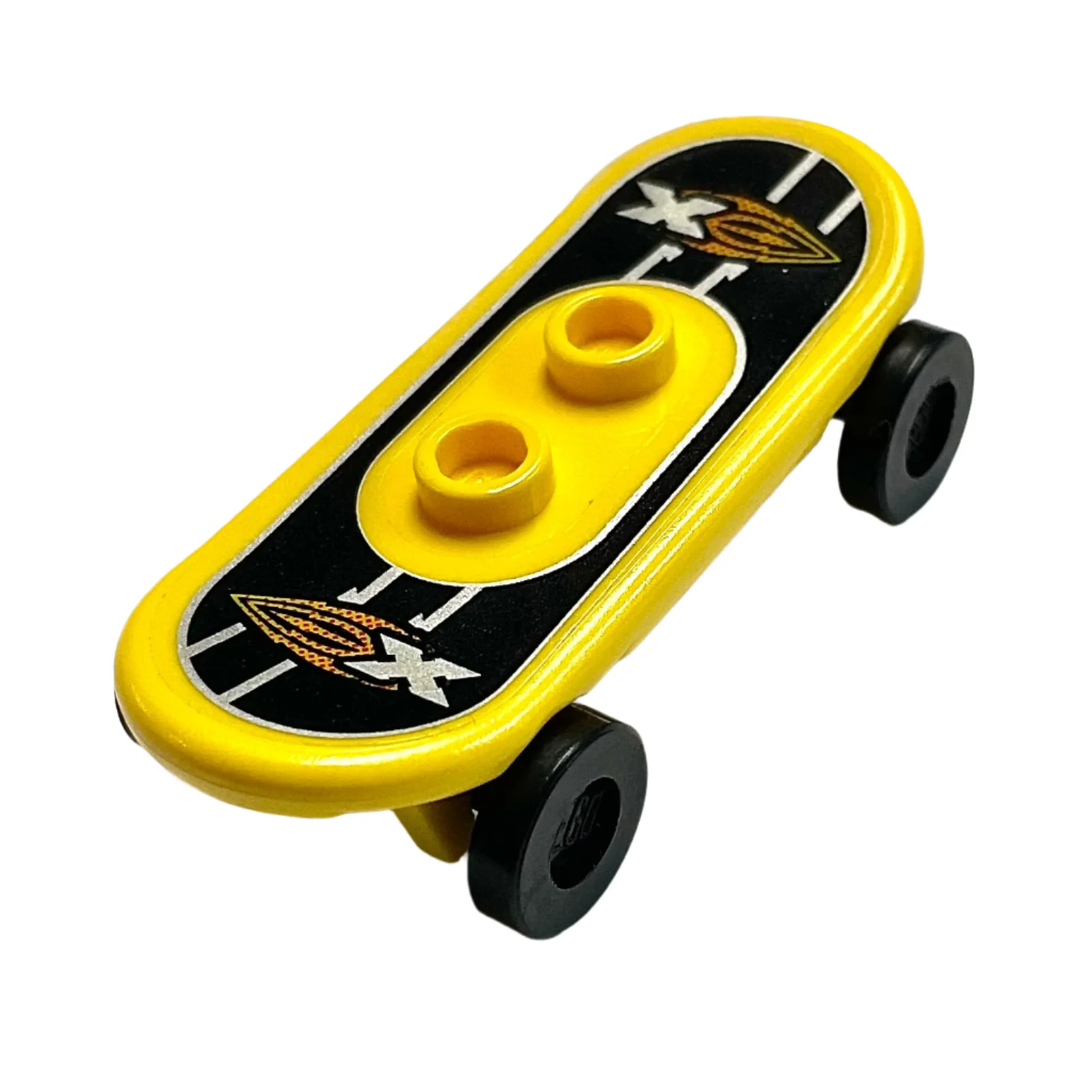 Minifigure, Utensil Skateboard Deck with Island Xtreme Stunts Logo on Black Background Pattern (Sticker), Part# Part# 42511pb03