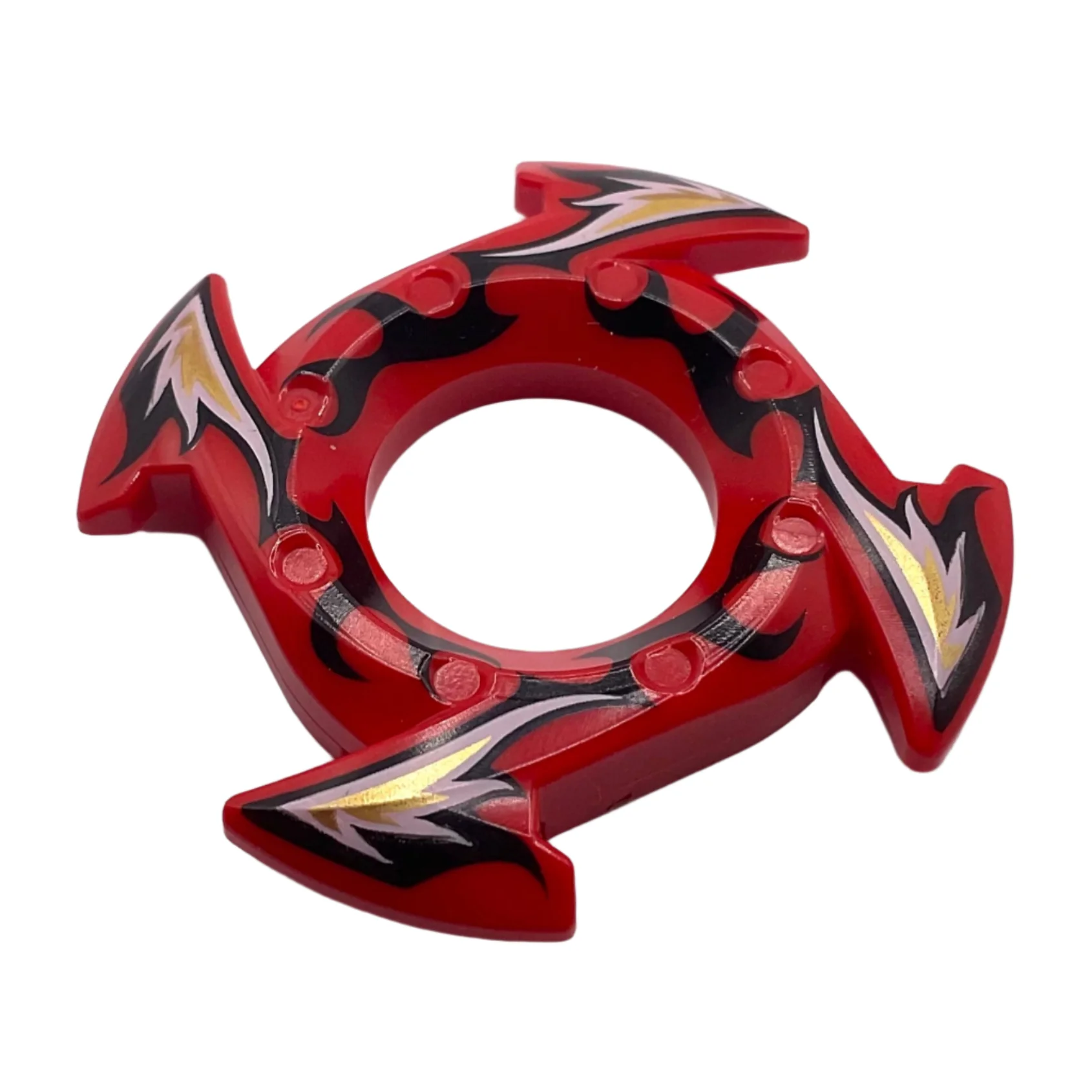 Ninjago Spinner Crown Ring 4x4 with 2x2 Hole and 4 Arrow Ends with Black, Gold, and White Flames Pattern, Part# 98341pb02