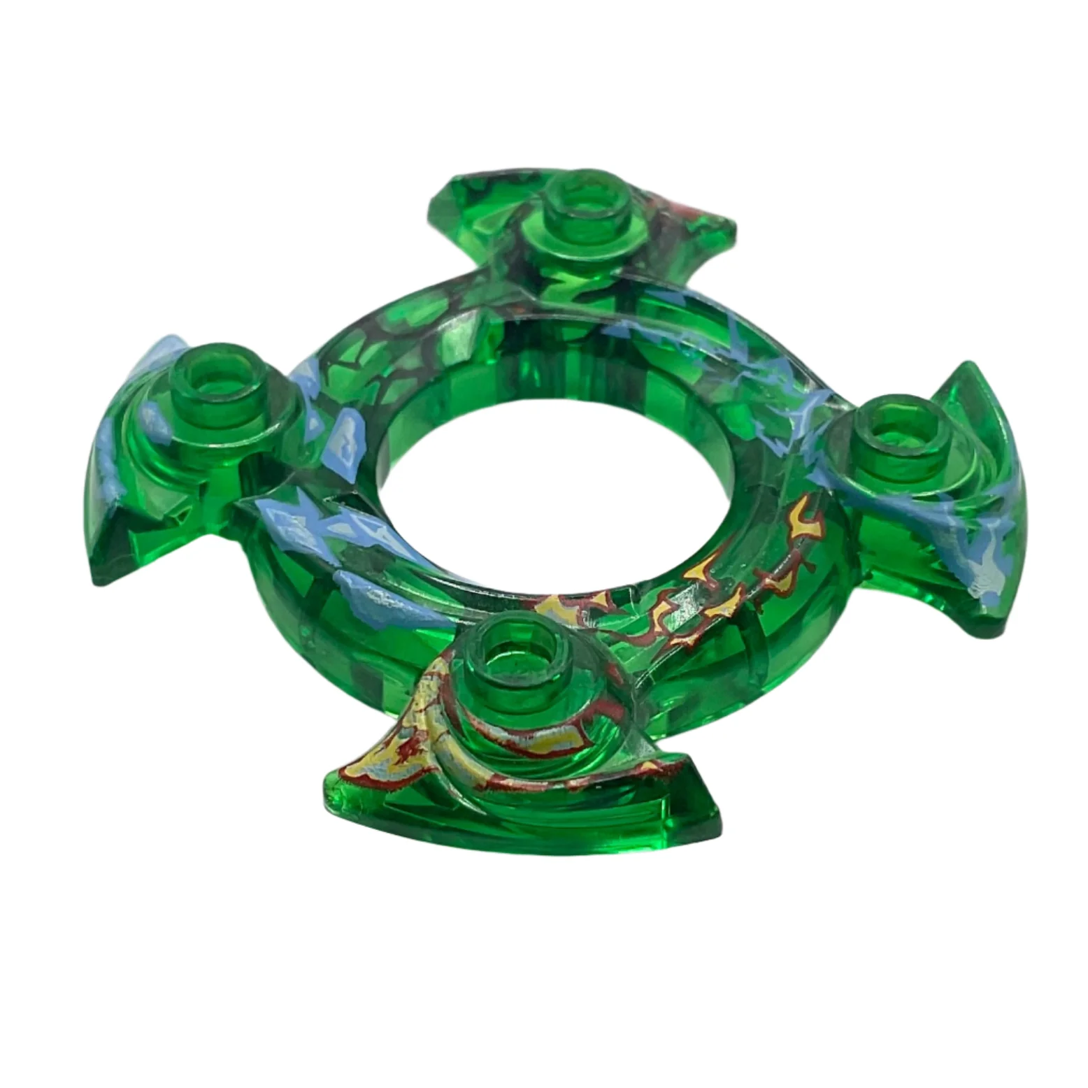 Ninjago Spinner Crown Ring 4x4 with 2x2 Hole and 4 Swirl Ends with Blue and Red Pattern, Part# 98345pb03