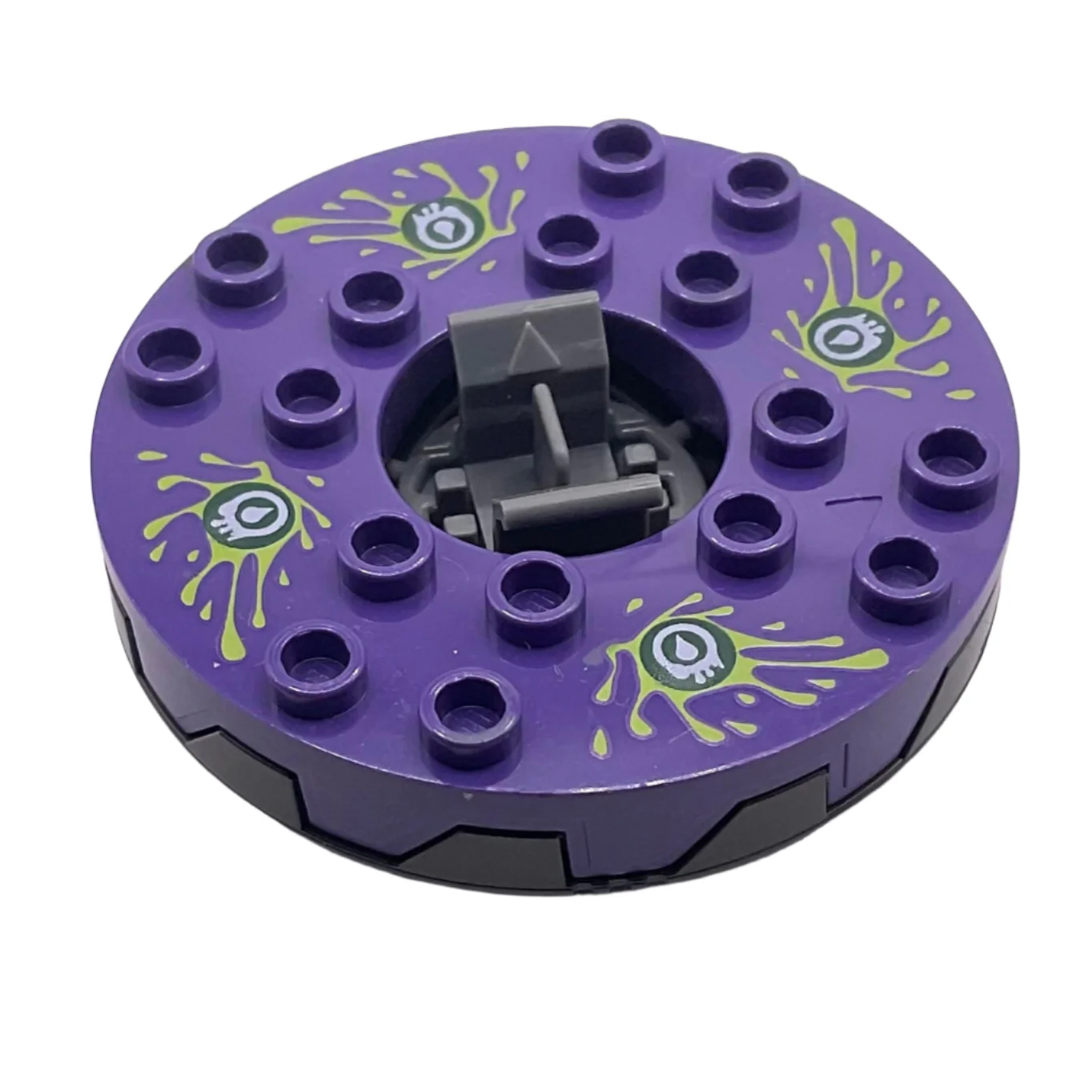 Ninjago Spinner Turntable 6 x 6 x 1 1/3 Round Base Serrated with Dark Purple Top and Lime, White, and Dark Green Venomari Pattern, Part# bb0549c01pb01