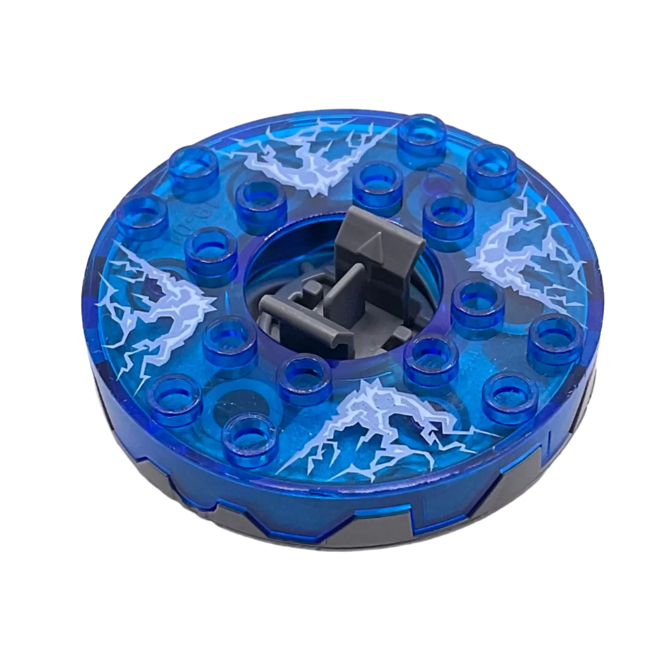 Ninjago Spinner Turntable 6 x 6 x 1 1/3 Round Base Serrated with Trans-Dark Blue Top with Electric Bolts Pattern, Part# bb0549c11pb01