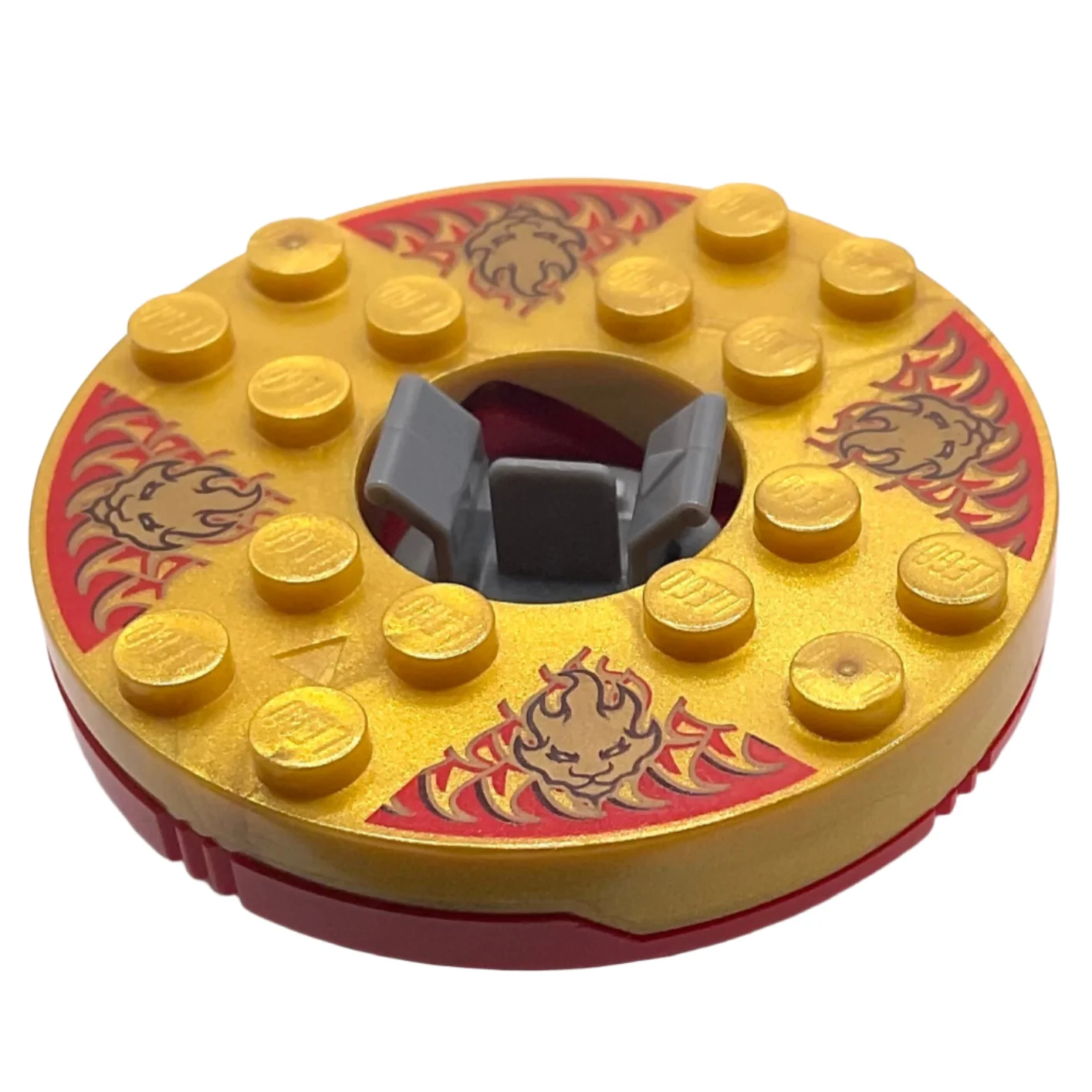 Ninjago Spinner Turntable 6 x 6 x 1 1/3 Round Base with Pearl Gold Top with Gold Faces on Red Pattern, Part# 92549c04pb01