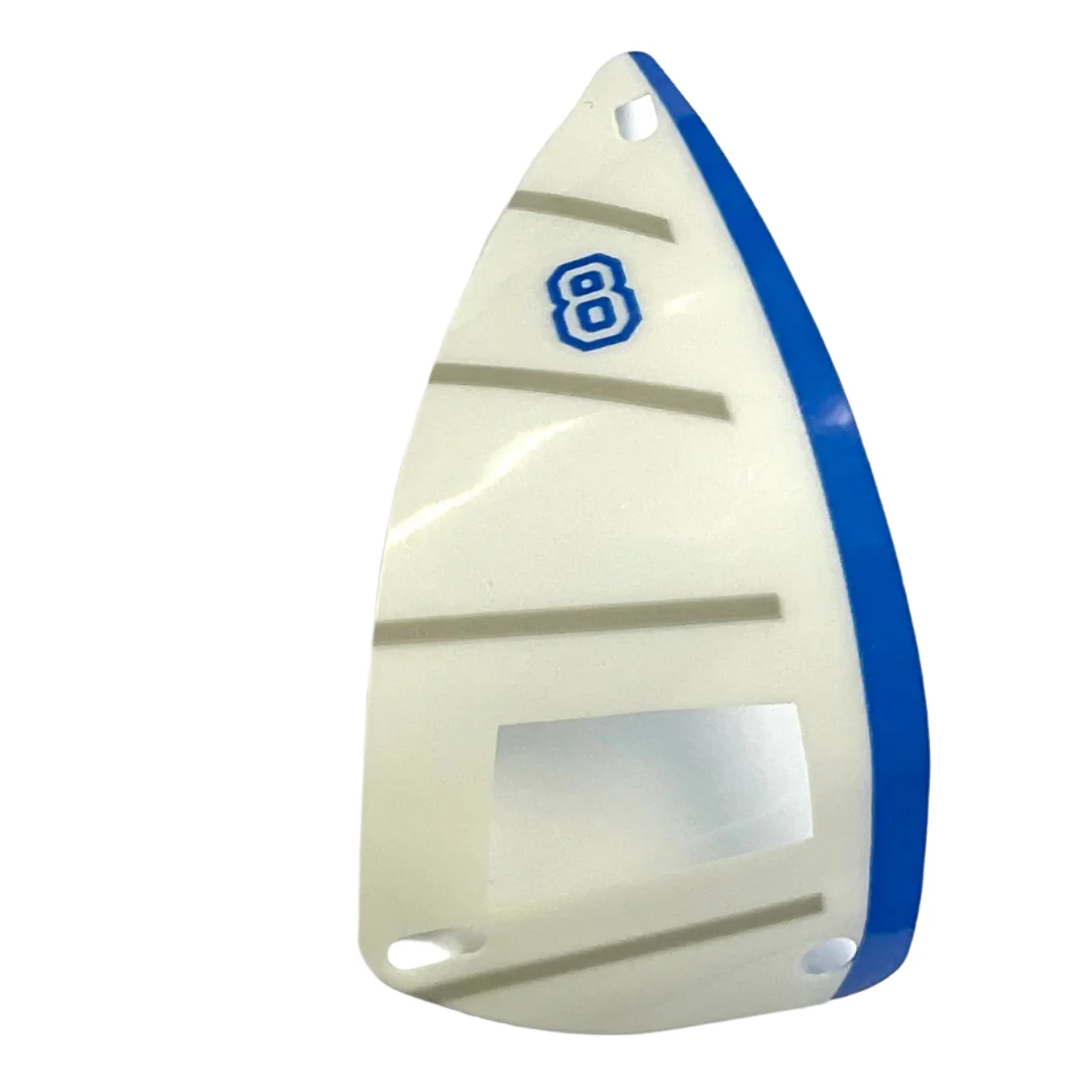 Plastic White Sail with Trans-Clear Window, Light Gray Stripes, Blue Spine, and Number 8 Pattern, Part# 6351pls01