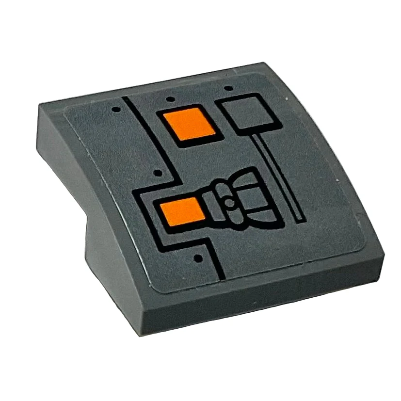 Slope, Curved 2 x 2 x 2/3 with Orange Rectangles, Black Rectangle, Dots and Lines Pattern (Sticker), Part# 15068pb361