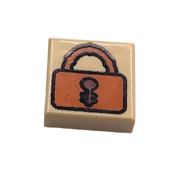 Tile 1 x 1 with Dark Orange Padlock with Reddish Brown Keyhole Pattern, Part# 3070pb007