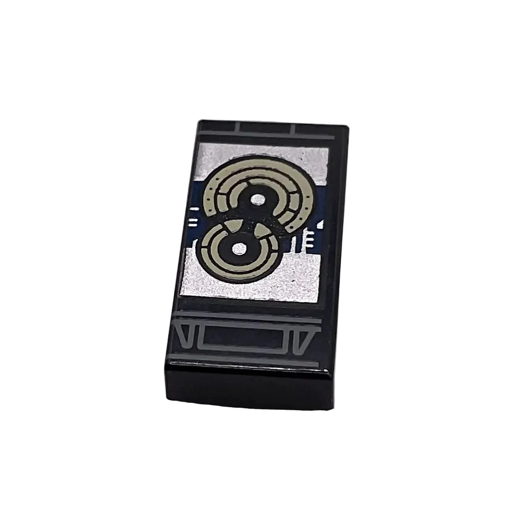 Tile 1 x 2 with Data Cartridge with Light Bluish Gray Case, Silver and Dark Blue Computer Chip and Tan Disc Circles Pattern (Death Star Plans), Part# 3069pb1417