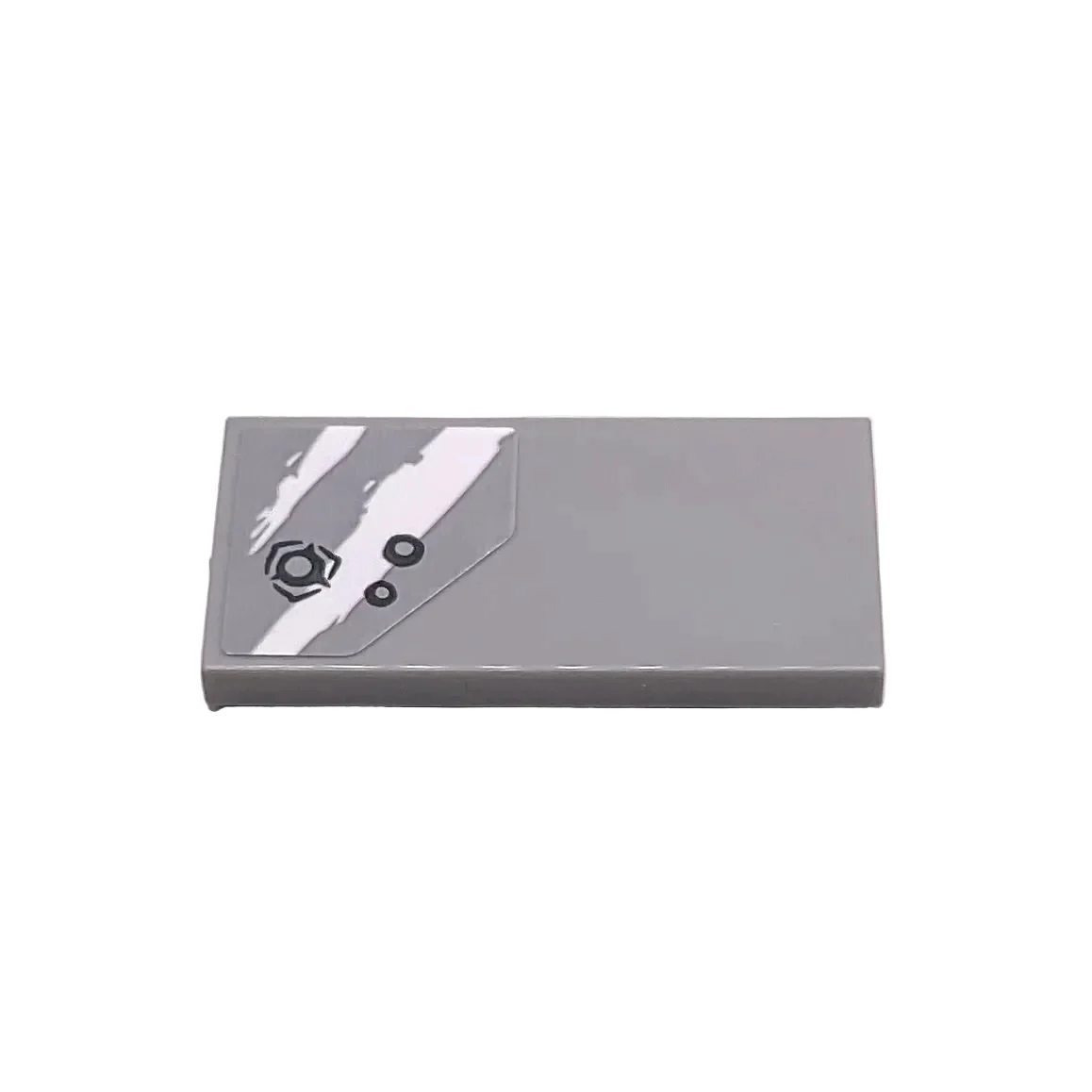 Tile 2 x 4 with 2 Rugged White Diagonal Stripes and Blaster Marks on Light Bluish Gray Background Pattern (Sticker), Part# 87079pb0647