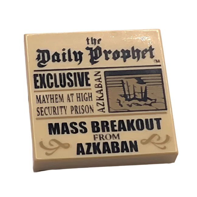 Tile 2x2 with Newspaper 'the Daily Prophet', 'EXCLUSIVE', 'MAYHEM AT HIGH SECURITY PRISON', and 'MASS BREAKOUT FROM AZKABAN' Pattern, Part# 3068pb1294
