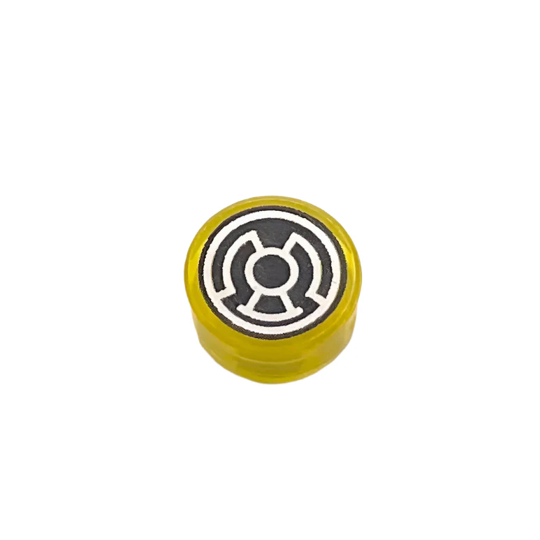 Tile, Round 1x1 with Black and White Yellow Lantern Logo Pattern, Part# 98138pb114
