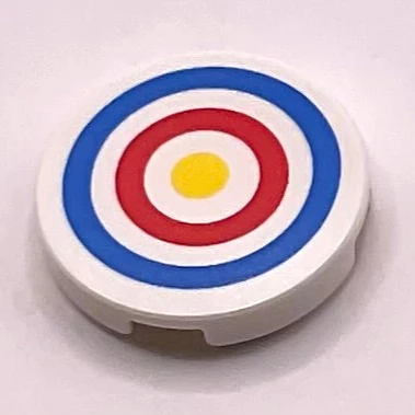 Tile, Round 2 x 2 with Bottom Stud Holder with Blue and Red Circles and Yellow Dot Archery Target Pattern, Part# 14769pb086