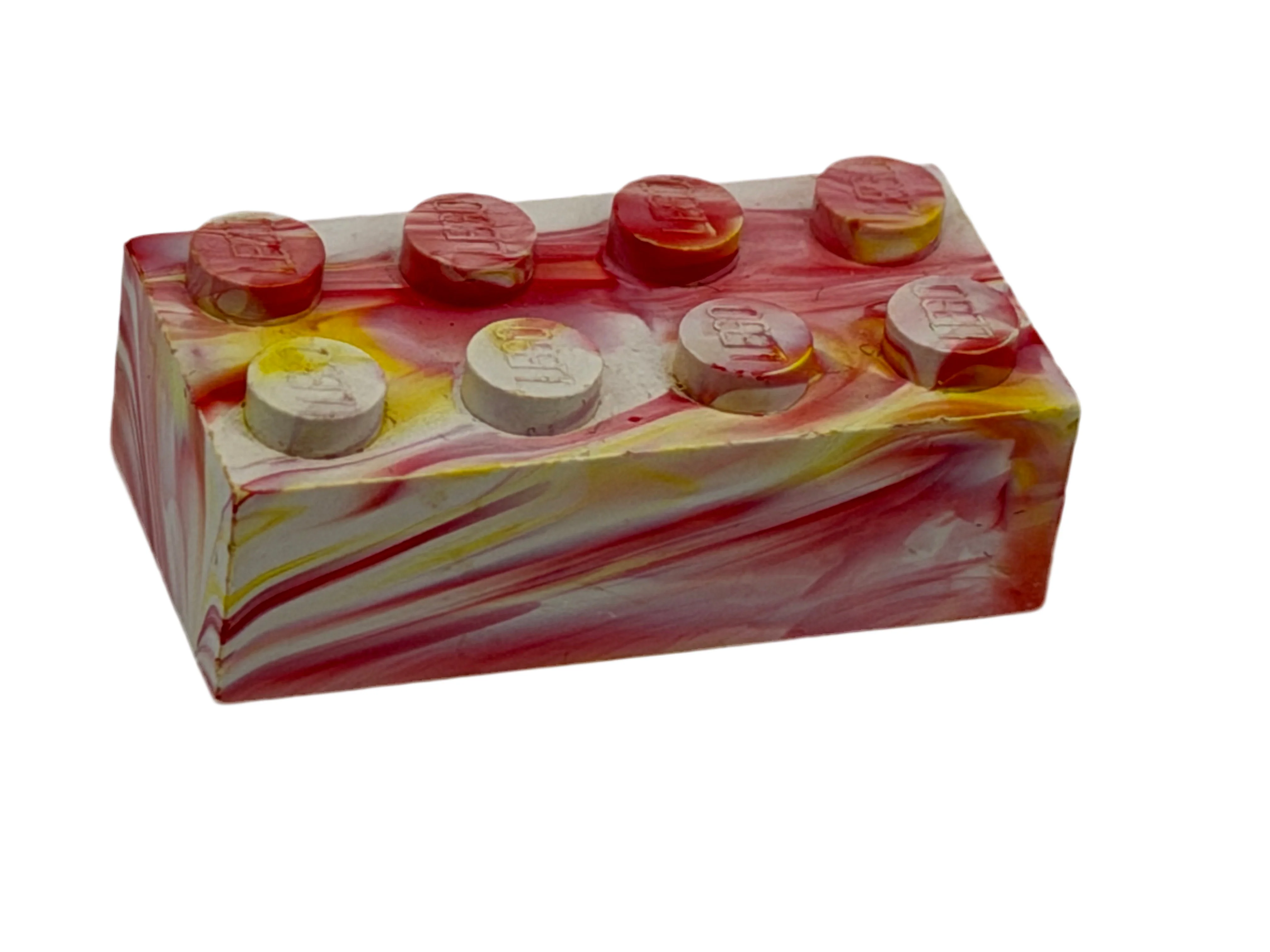 White with Red & Yellow Marbled, 1970's Grangemouth Test 2x4 LEGO® Brick